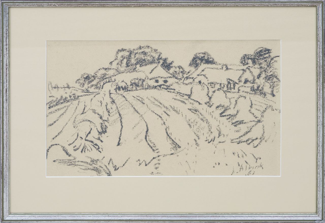 Altink J. | Jan Altink, Akkerland met boerderijen, zwart krijt op papier 31,1 x 48,3 cm, gesigneerd rechtsonder en gedateerd '61 Altink J. | Jan Altink, Akkerland met boerderijen, zwart krijt op papier 31,1 x 48,3 cm, gesigneerd rechtsonder en gedateerd '61