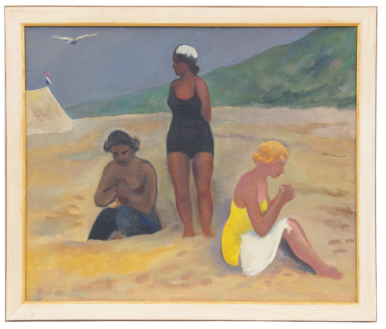 Kleima E.A. | 'Ekke' Abel Kleima, 3 dames aan het strand, Schiermonnikoog, olieverf op doek 50,4 x 60,5 cm, gesigneerd met initialen op spieraam en gedateerd op spieraam 1939 Kleima E.A. | 'Ekke' Abel Kleima, 3 dames aan het strand, Schiermonnikoog, olieverf op doek 50,4 x 60,5 cm, gesigneerd met initialen op spieraam en gedateerd op spieraam 1939