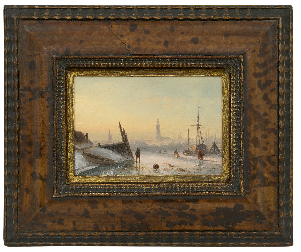 Leickert C.H.J.  | 'Charles' Henri Joseph Leickert, IJsgezicht met schaatsers bij een stad, olieverf op paneel 11,7 x 17,3 cm, gesigneerd linksonder met initialen