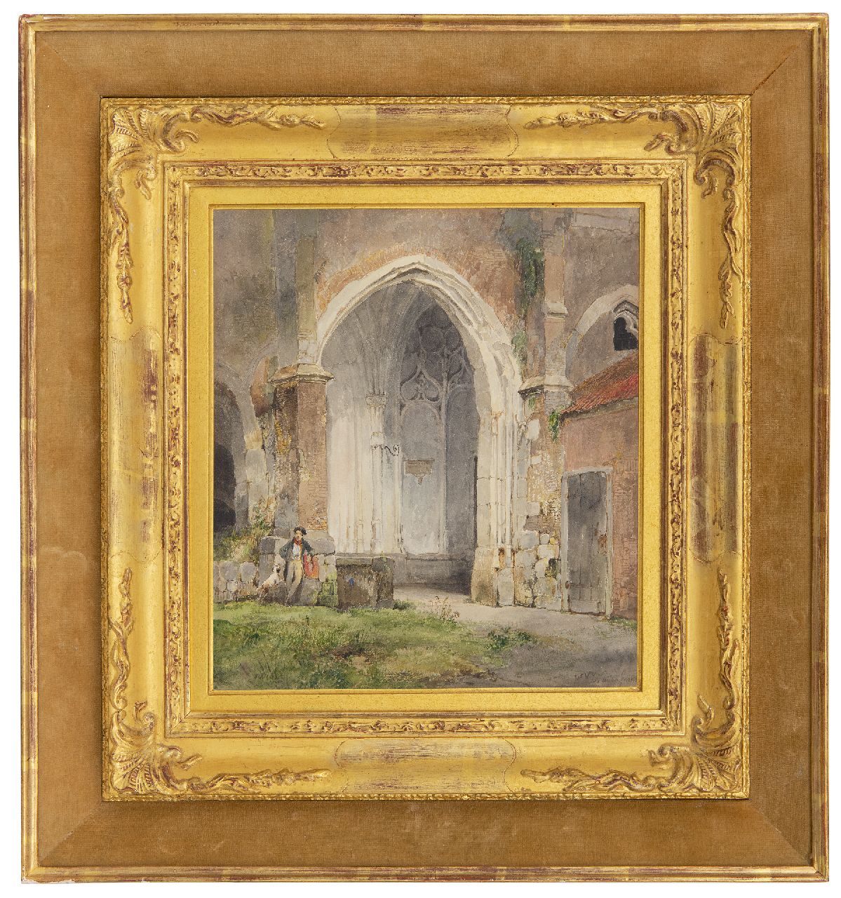 Nuijen W.J.J. | Wijnandus Johannes Josephus 'Wijnand' Nuijen | Aquarellen en tekeningen te koop aangeboden | Man met hond bij een kloostergang van de Dom te Utrecht, aquarel op papier 26,5 x 23,6 cm, gesigneerd rechtsonder en gedateerd 1833 Nuijen W.J.J. | Wijnandus Johannes Josephus 'Wijnand' Nuijen | Aquarellen en tekeningen te koop aangeboden | Man met hond bij een kloostergang van de Dom te Utrecht, aquarel op papier 26,5 x 23,6 cm, gesigneerd rechtsonder en gedateerd 1833
