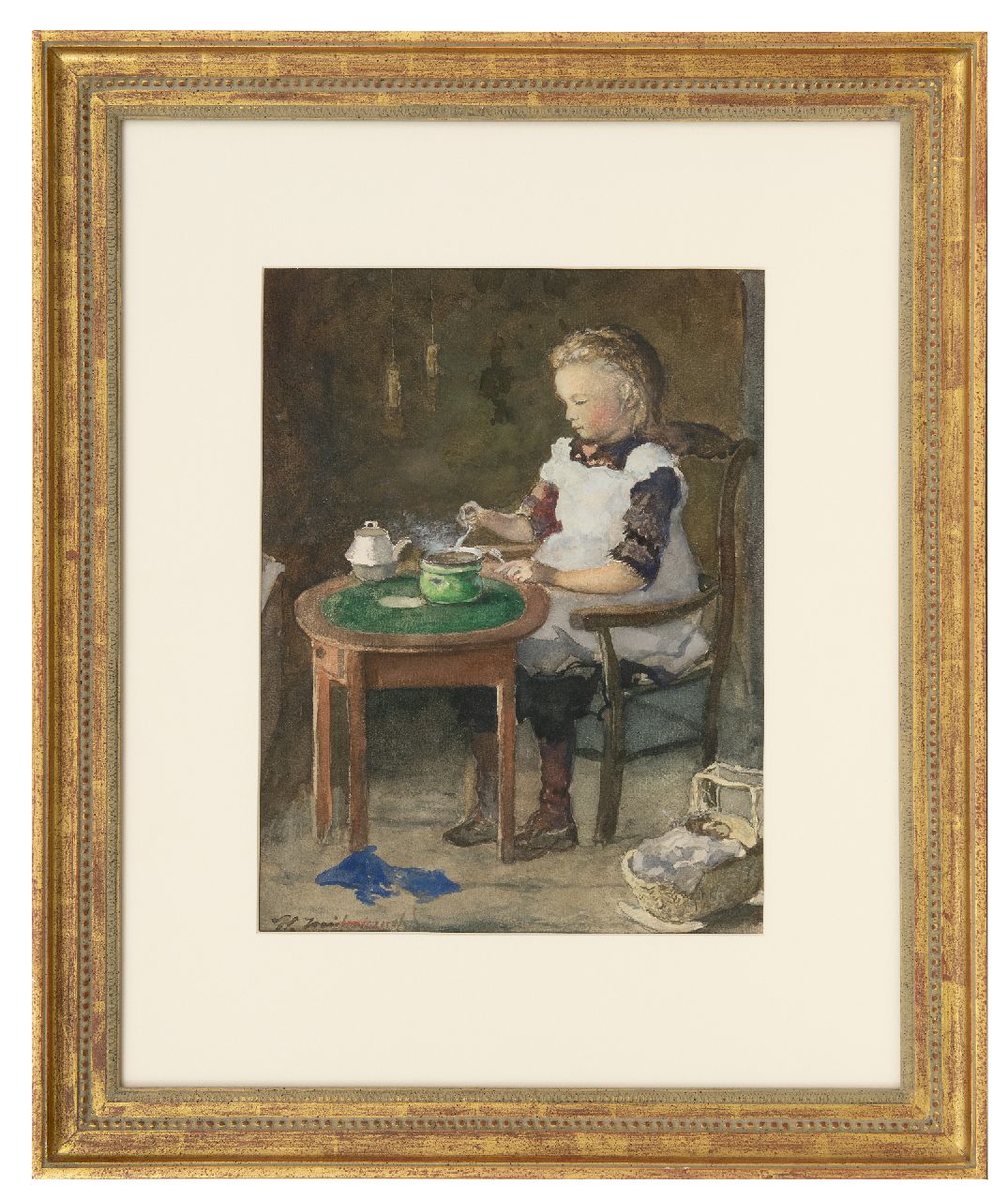 Weissenbruch H.J.  | Hendrik Johannes 'J.H.' Weissenbruch | Aquarellen en tekeningen te koop aangeboden | Pannenkoekjes bakken op een komfoor, aquarel op papier 35,2 x 27,0 cm, gesigneerd linksonder