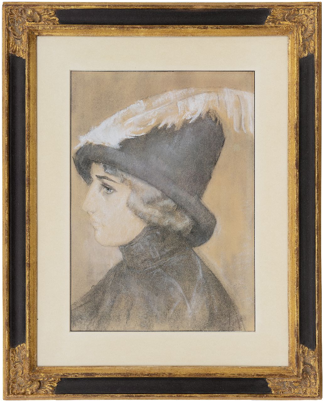 Gestel L.  | Leendert 'Leo' Gestel, Vrouw met hoed, krijt op papier 47,0 x 33,5 cm, gesigneerd rechtsonder en te dateren ca. 1910-1911