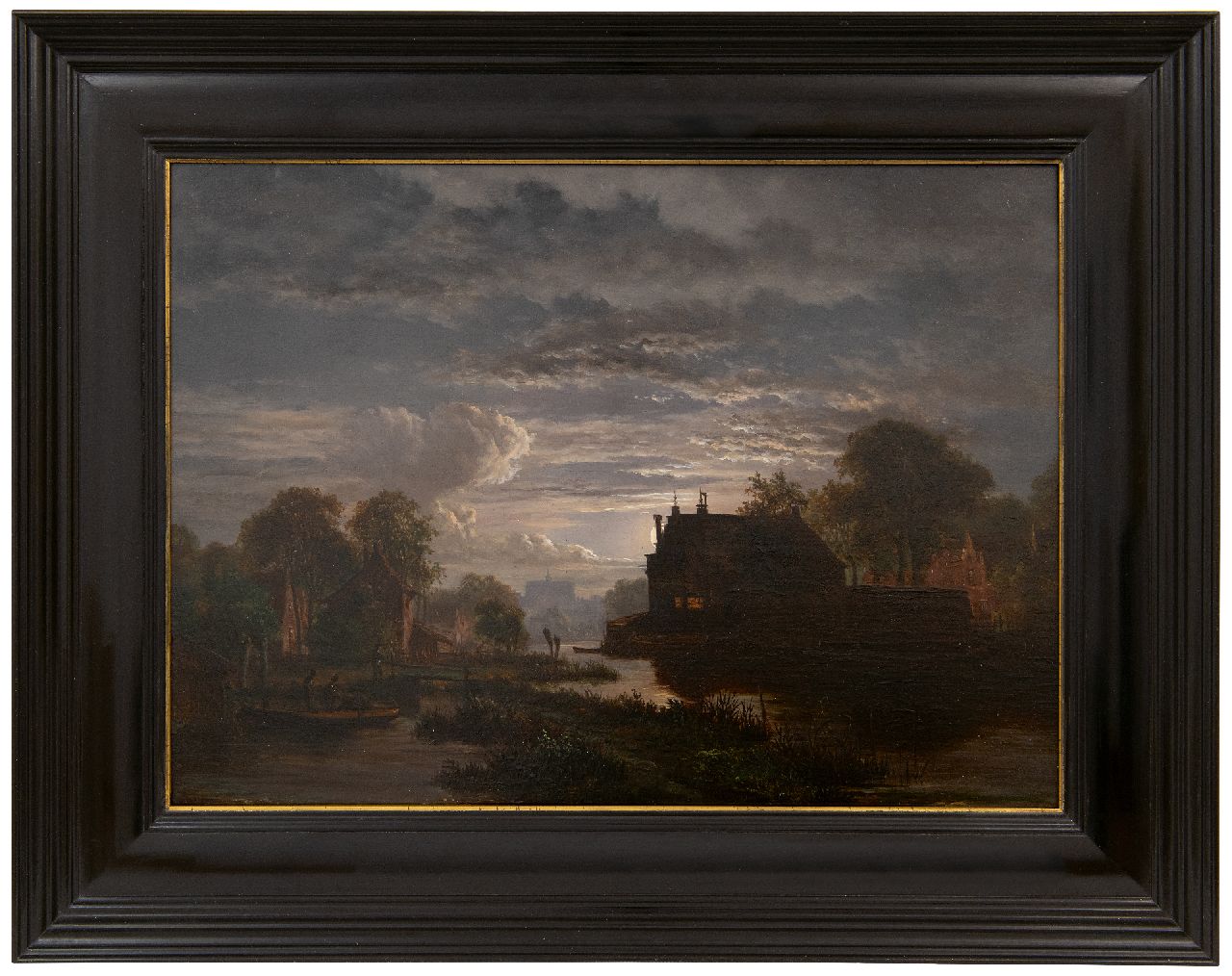 Abels J.Th. | 'Jacobus' Theodorus Abels | Schilderijen te koop aangeboden | Maanverlicht rivierlandschap bij een stad, olieverf op paneel 28,8 x 39,1 cm Abels J.Th. | 'Jacobus' Theodorus Abels | Schilderijen te koop aangeboden | Maanverlicht rivierlandschap bij een stad, olieverf op paneel 28,8 x 39,1 cm