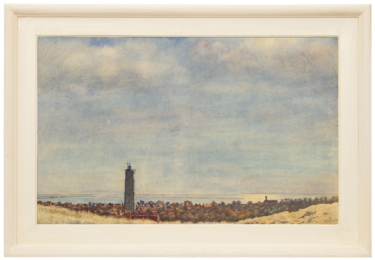Nijland D.H.  | 'Dirk' Hidde Nijland | Aquarellen en tekeningen te koop aangeboden | Gezicht op de Brandaris, Terschelling, aquarel op papier 57,4 x 92,6 cm, gesigneerd rechtsonder met initialen en gedateerd '49