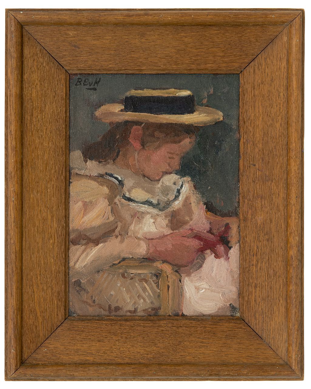 Houten B.E. van | Barbara Elisabeth van Houten, Lezend meisje in rieten stoel, olieverf op doek 28,2 x 20,2 cm, gesigneerd linksboven met initialen