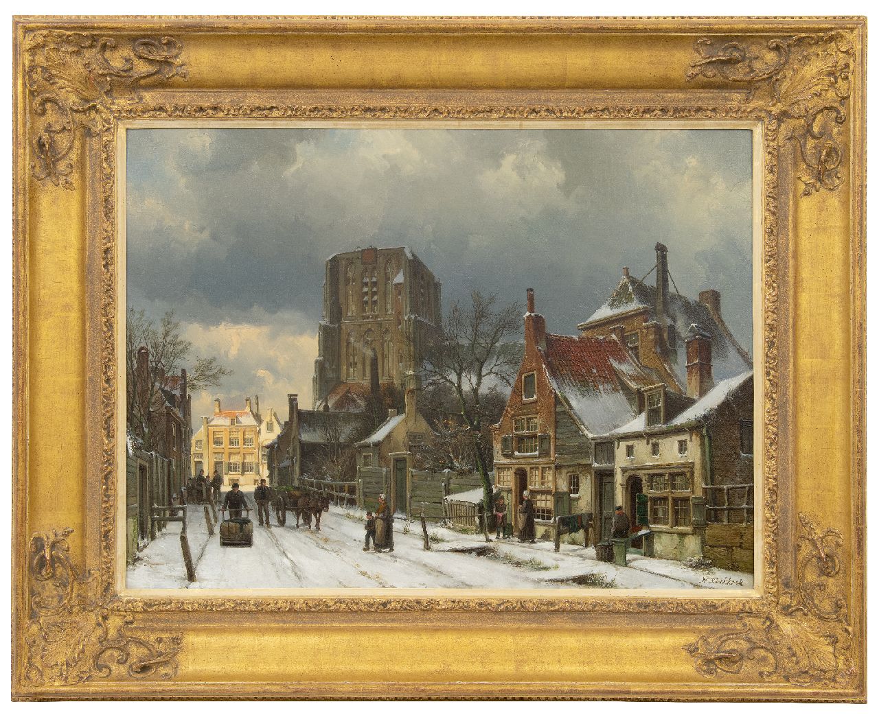 Koekkoek W.  | Willem Koekkoek, Fantasiegezicht op de besneeuwde Sint-Martinuskerk in Woudrichem, olieverf op doek 55,2 x 75,3 cm, gesigneerd rechtsonder