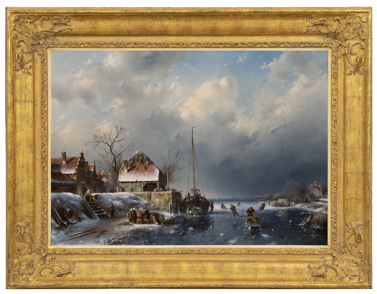 Leickert C.H.J.  | 'Charles' Henri Joseph Leickert, IJsgezicht met schaatsers, kooplui en een vastgevroren schip, olieverf op doek 60,4 x 84,8 cm, gesigneerd rechtsonder en gedateerd '56