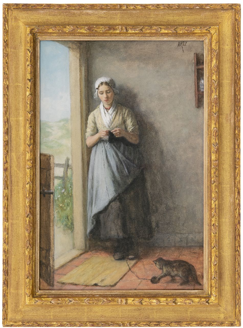 Artz D.A.C. | David Adolphe Constant Artz, Vissersmeisje breiend in de deuropening, aquarel op papier 53,8 x 36,0 cm, gesigneerd rechtsboven en te dateren ca. 1881 Artz D.A.C. | David Adolphe Constant Artz, Vissersmeisje breiend in de deuropening, aquarel op papier 53,8 x 36,0 cm, gesigneerd rechtsboven en te dateren ca. 1881