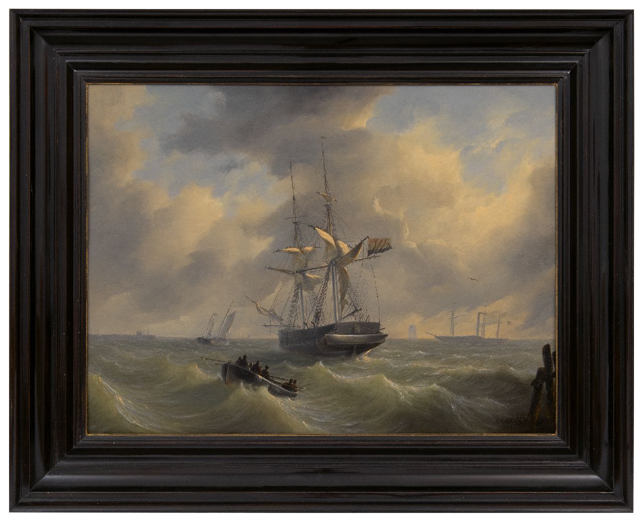 Schiedges P.P. | Petrus Paulus Schiedges | Schilderijen te koop aangeboden | Een brik op woelige zee, olieverf op paneel 38,7 x 51,8 cm, gesigneerd rechtsonder en gedateerd 1835 Schiedges P.P. | Petrus Paulus Schiedges | Schilderijen te koop aangeboden | Een brik op woelige zee, olieverf op paneel 38,7 x 51,8 cm, gesigneerd rechtsonder en gedateerd 1835