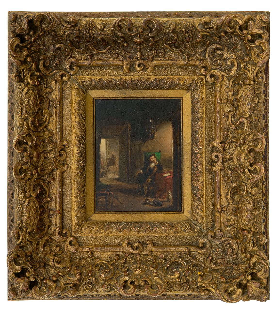 Scheeres H.J. | Hendricus Johannes Scheeres | Schilderijen te koop aangeboden | Schilder rustend in zijn atelier, olieverf op paneel 17,9 x 13,7 cm Scheeres H.J. | Hendricus Johannes Scheeres | Schilderijen te koop aangeboden | Schilder rustend in zijn atelier, olieverf op paneel 17,9 x 13,7 cm