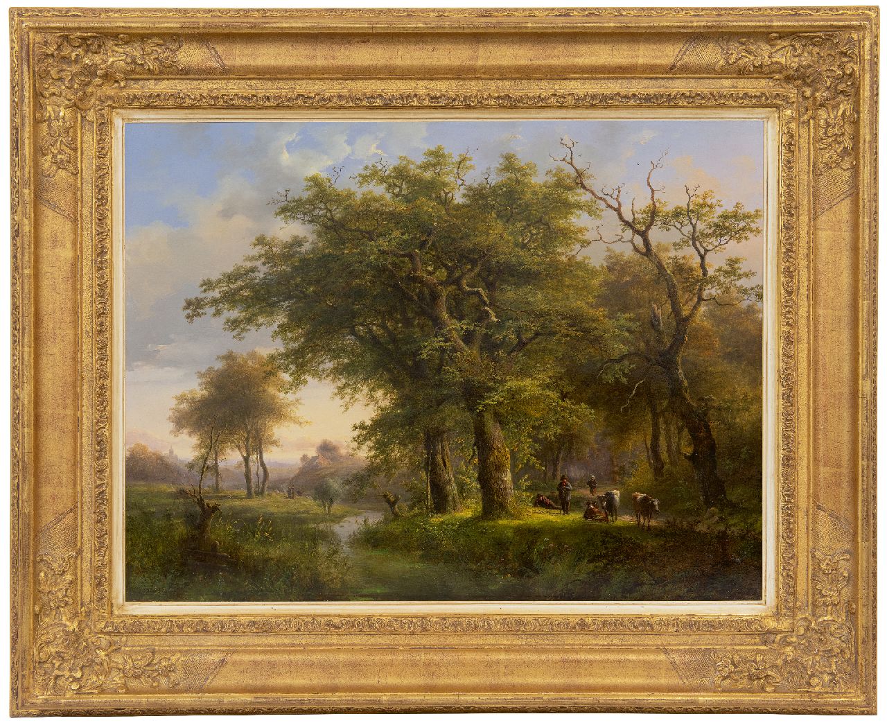 Klombeck J.B.  | Johann Bernard Klombeck, Bebost beekdal met vee en landvolk, olieverf op paneel 47,6 x 62,5 cm, gesigneerd linksonder en gedateerd 1857
