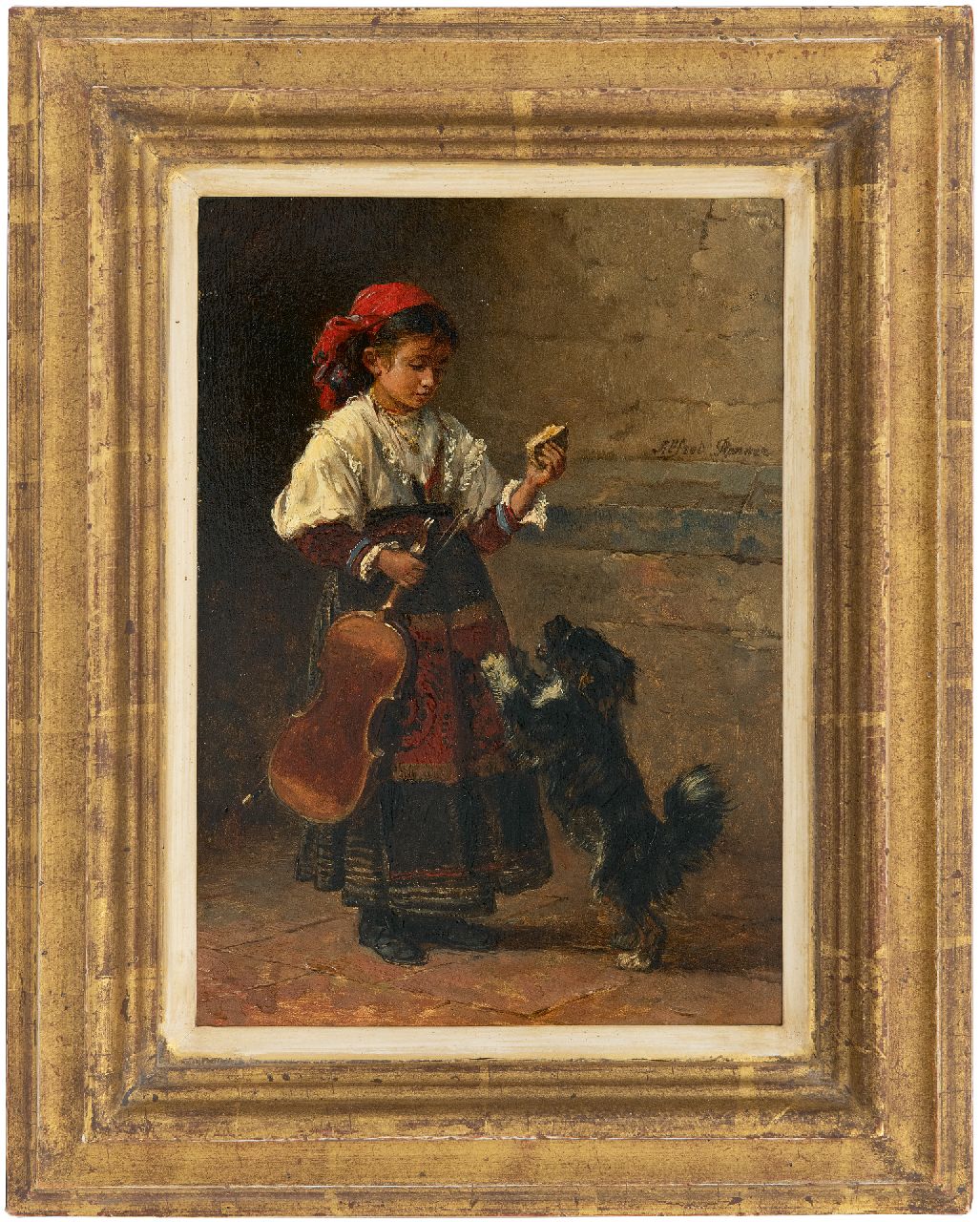 Ronner A. | Alfred Ronner, Zigeunermeisje met haar hond, olieverf op paneel 24,7 x 17,7 cm, gesigneerd rechts van het midden Ronner A. | Alfred Ronner, Zigeunermeisje met haar hond, olieverf op paneel 24,7 x 17,7 cm, gesigneerd rechts van het midden