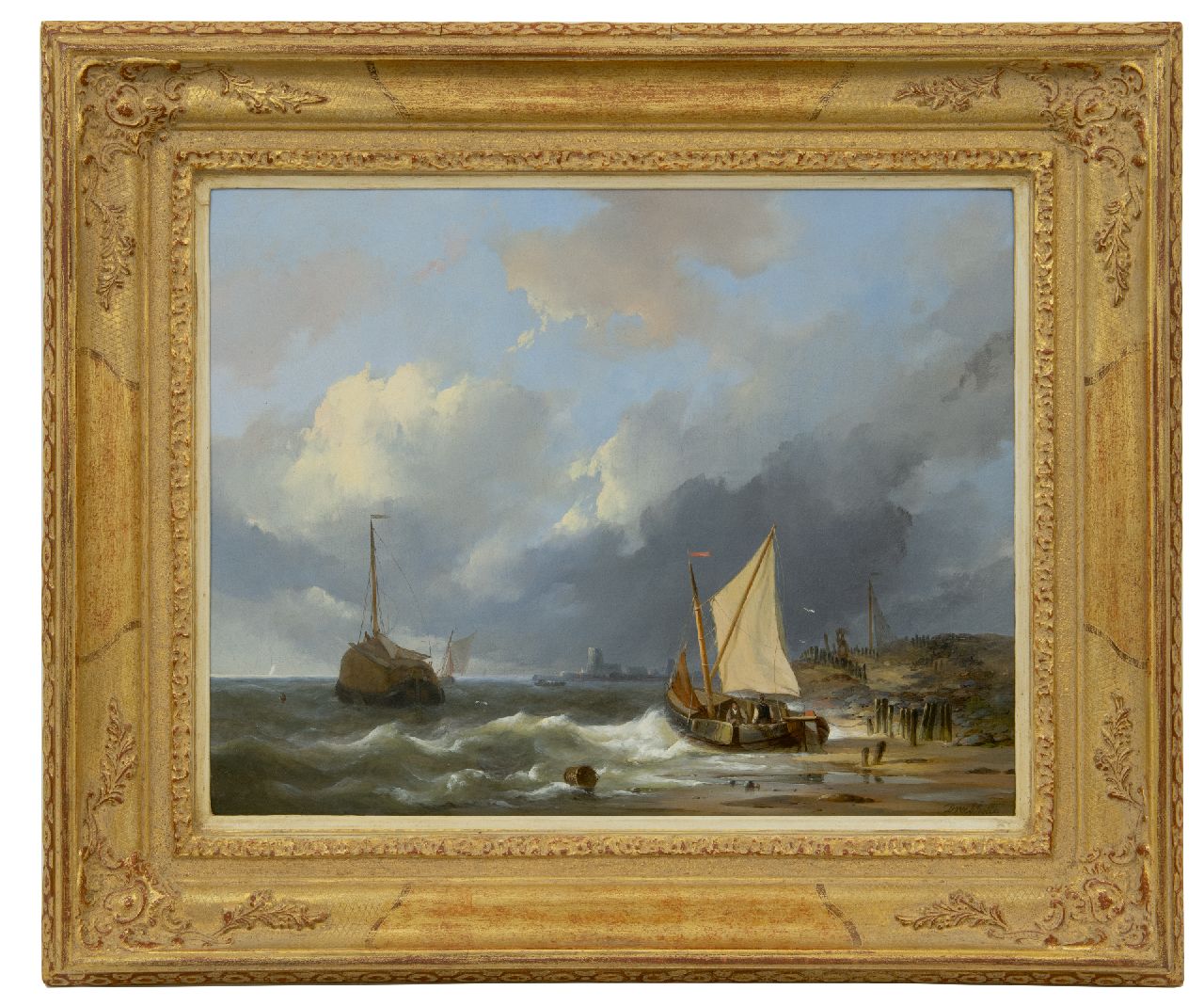 Dreibholtz C.L.W.  | Christiaan Lodewijk Willem Dreibholtz, Botter en tjalken langs de Zuiderzee, olieverf op paneel 41,2 x 52,8 cm, gesigneerd rechtsonder