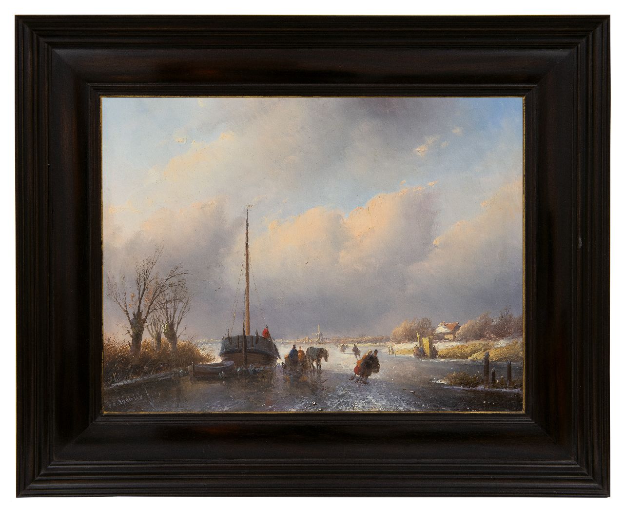 Spohler J.J.  | Jan Jacob Spohler, Winters rivierlandschap met schaatsvolk en een paardenslee, olieverf op paneel 25,5 x 33,4 cm, gesigneerd linksonder