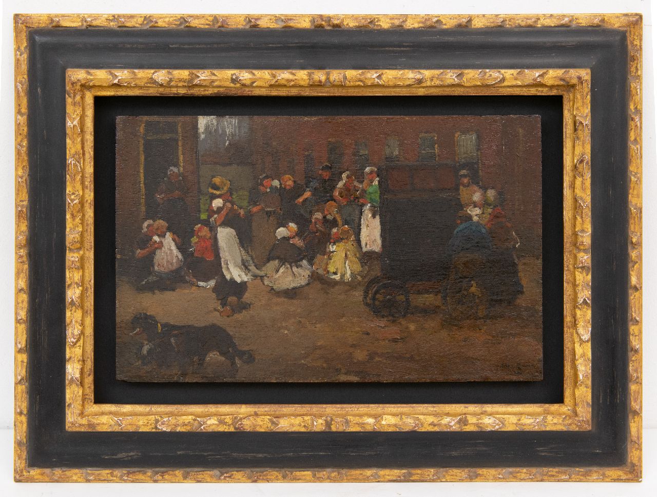 Zwart W.H.P.J. de | Wilhelmus Hendrikus Petrus Johannes 'Willem' de Zwart | Schilderijen te koop aangeboden | Dansende kinderen bij een draaiorgel, olieverf op paneel 22,2 x 35,6 cm, gesigneerd rechtsonder en te dateren ca. 1890