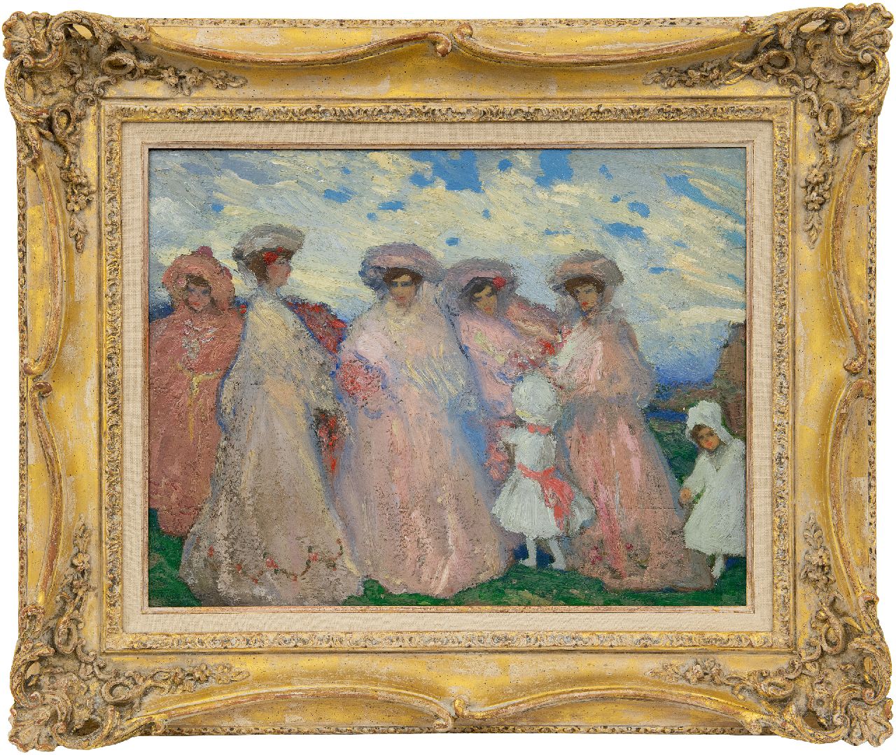 Ramos Martinez A.  | Alfredo Ramos Martinez | Schilderijen te koop aangeboden | Elegante vrouwen in een landschap, olieverf op paneel 41,5 x 52,5 cm, gesigneerd linksonder en te dateren ca. 1905