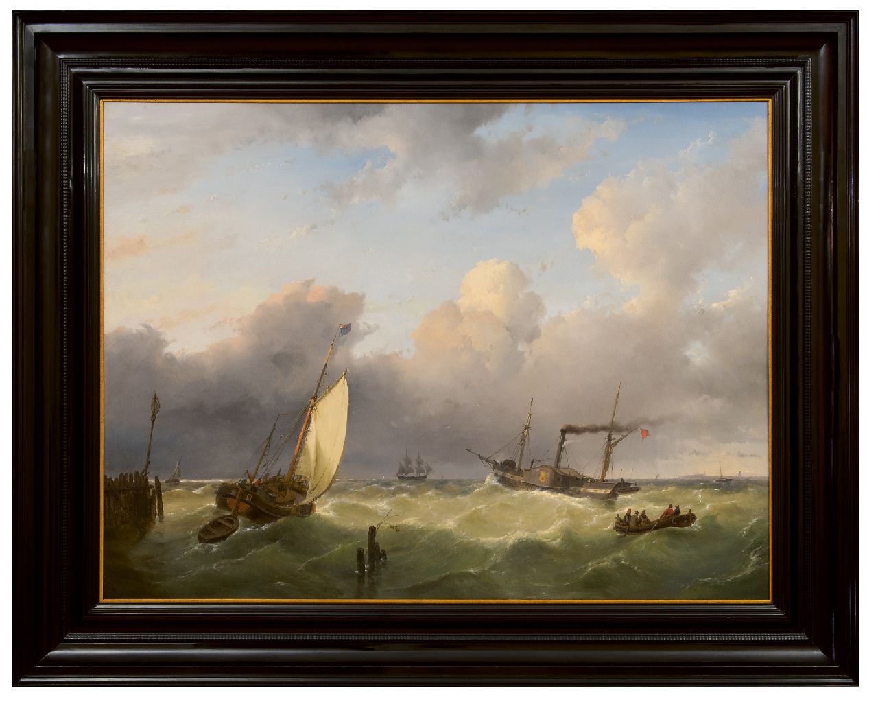 Schelfhout A. | Andreas Schelfhout | Schilderijen te koop aangeboden | Een smak en een raderstoomboot op zee, olieverf op paneel 67,6 x 90,6 cm, gesigneerd linksonder en gedateerd 1845 Schelfhout A. | Andreas Schelfhout | Schilderijen te koop aangeboden | Een smak en een raderstoomboot op zee, olieverf op paneel 67,6 x 90,6 cm, gesigneerd linksonder en gedateerd 1845