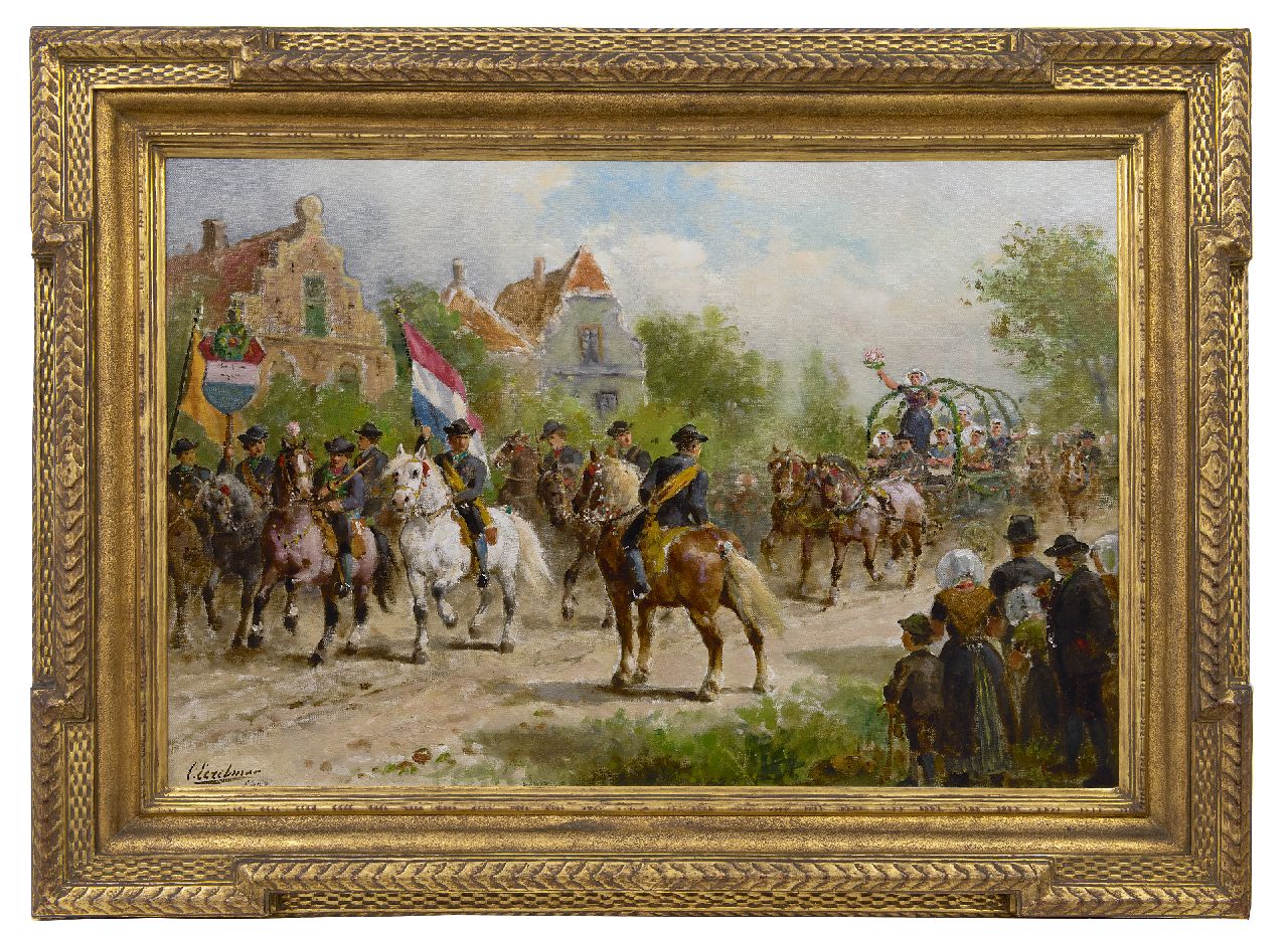 Eerelman O. | Otto Eerelman, Optocht van boeren en boerinnen na een ringstekerij in Oudelande, Zuid-Beveland, olieverf op doek 60,4 x 90,6 cm, gesigneerd linksonder en gedateerd 1923 Eerelman O. | Otto Eerelman, Optocht van boeren en boerinnen na een ringstekerij in Oudelande, Zuid-Beveland, olieverf op doek 60,4 x 90,6 cm, gesigneerd linksonder en gedateerd 1923