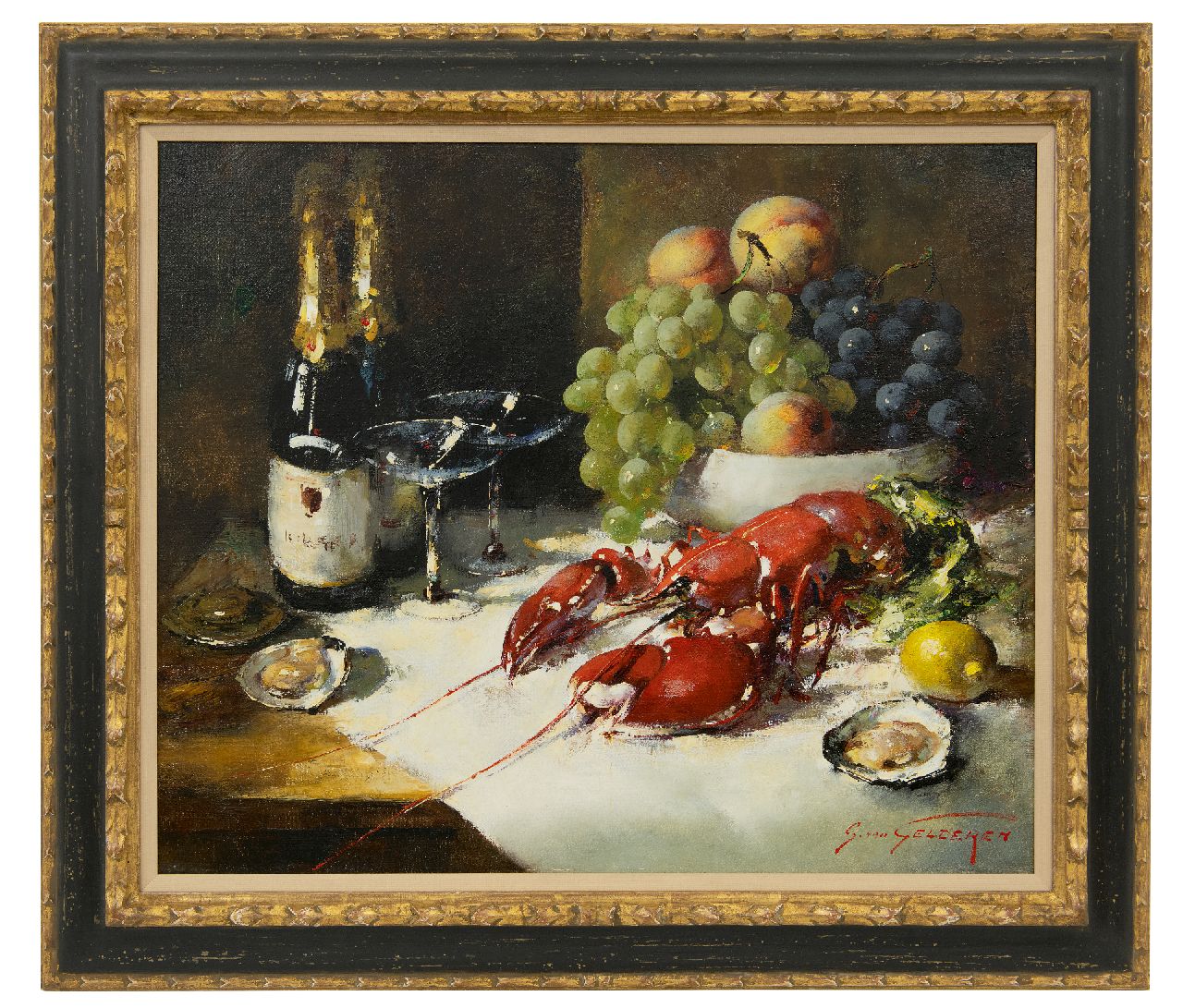 Gelderen S. van | Simon van Gelderen, Stilleven met champagne, schaaldieren en fruit, olieverf op doek 50,3 x 60,2 cm, gesigneerd rechtsonder Gelderen S. van | Simon van Gelderen, Stilleven met champagne, schaaldieren en fruit, olieverf op doek 50,3 x 60,2 cm, gesigneerd rechtsonder