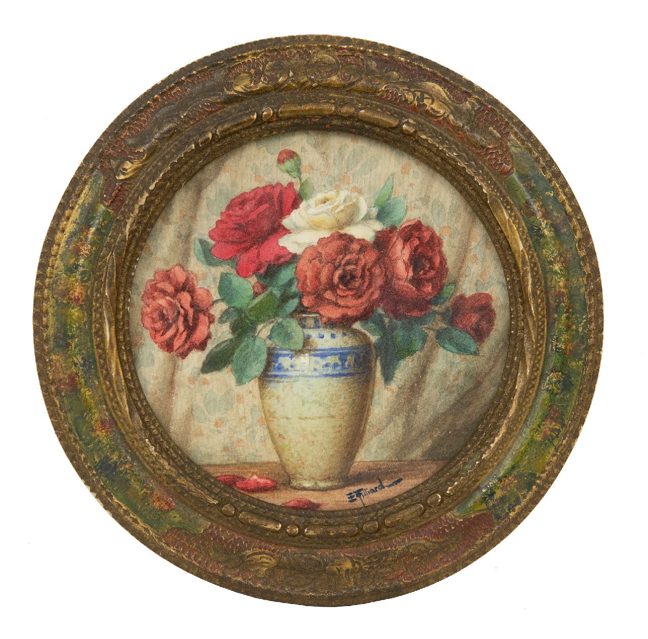 Filliard E. | Ernest Filliard, Stilleven met rozen, aquarel op papier 14,2 x 14,2 cm, gesigneerd rechtsonder Filliard E. | Ernest Filliard, Stilleven met rozen, aquarel op papier 14,2 x 14,2 cm, gesigneerd rechtsonder
