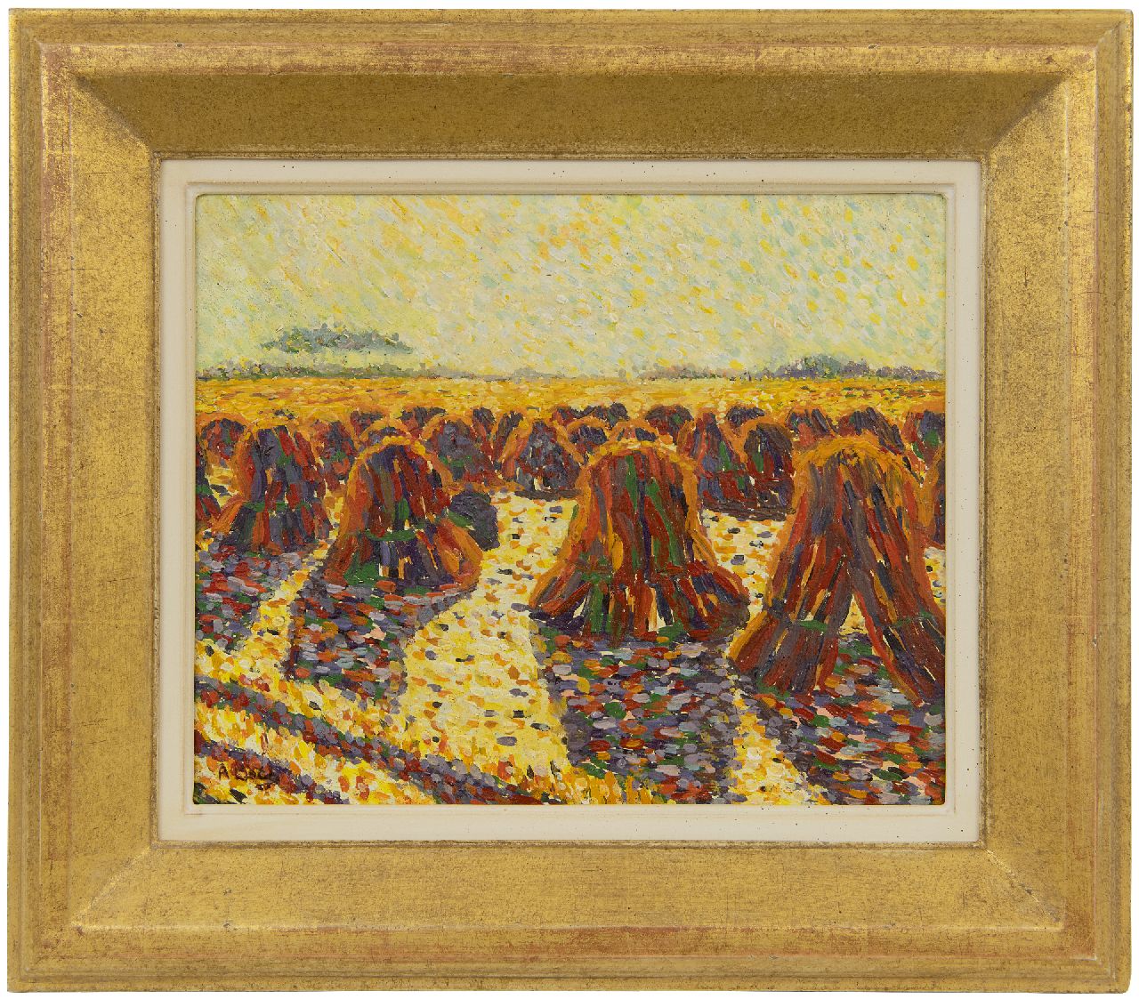Boch R.-A. | Rosalie-Anna 'Anna' Boch, Korenschoven in de zon, olieverf op paneel 21,3 x 25,9 cm, gesigneerd linksonder Boch R.-A. | Rosalie-Anna 'Anna' Boch, Korenschoven in de zon, olieverf op paneel 21,3 x 25,9 cm, gesigneerd linksonder