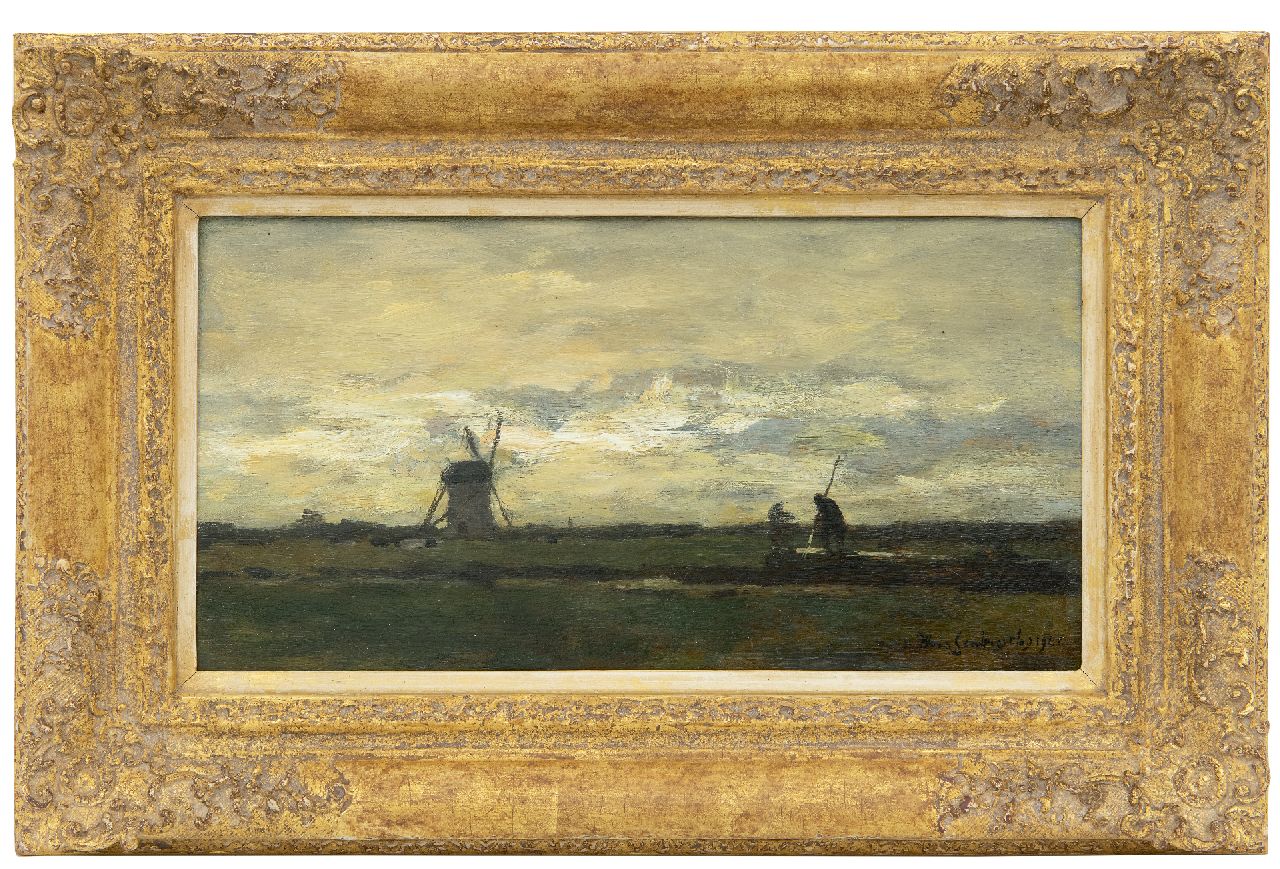 Weissenbruch H.J. | Hendrik Johannes 'J.H.' Weissenbruch, Landschap met punterende boer en molen, olieverf op paneel 16,2 x 31,2 cm, gesigneerd rechtsonder en gedateerd 1901 Weissenbruch H.J. | Hendrik Johannes 'J.H.' Weissenbruch, Landschap met punterende boer en molen, olieverf op paneel 16,2 x 31,2 cm, gesigneerd rechtsonder en gedateerd 1901