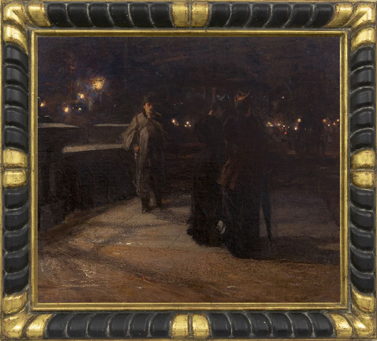 Arntzenius P.F.N.J.  | Pieter Florentius Nicolaas Jacobus 'Floris' Arntzenius, De schilder ontmoet twee dames in de nacht, olieverf op doek 70,2 x 79,7 cm, gesigneerd linksonder