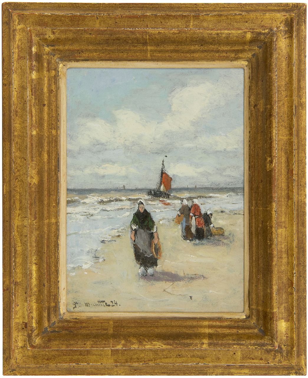 Munthe G.A.L.  | Gerhard Arij Ludwig 'Morgenstjerne' Munthe, Vissersvrouwen op het strand, olieverf op board 20,0 x 15,0 cm, gesigneerd linksonder en gedateerd '24