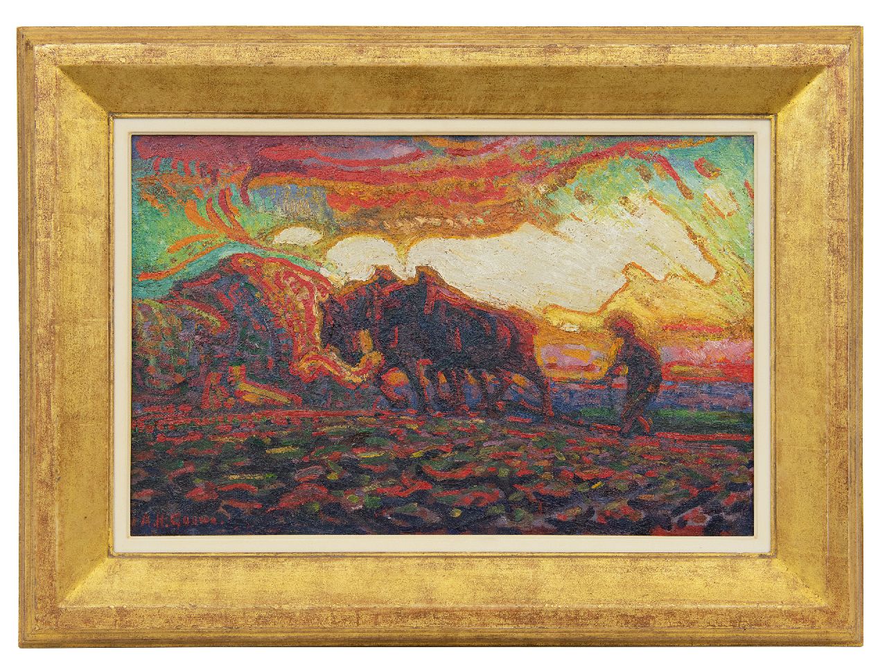 Gouwe A.H. | Adriaan Herman Gouwe, Ploegende boer, olieverf op doek 31,4 x 48,4 cm, gesigneerd linksonder en te dateren ca. 1910-1915 Gouwe A.H. | Adriaan Herman Gouwe, Ploegende boer, olieverf op doek 31,4 x 48,4 cm, gesigneerd linksonder en te dateren ca. 1910-1915
