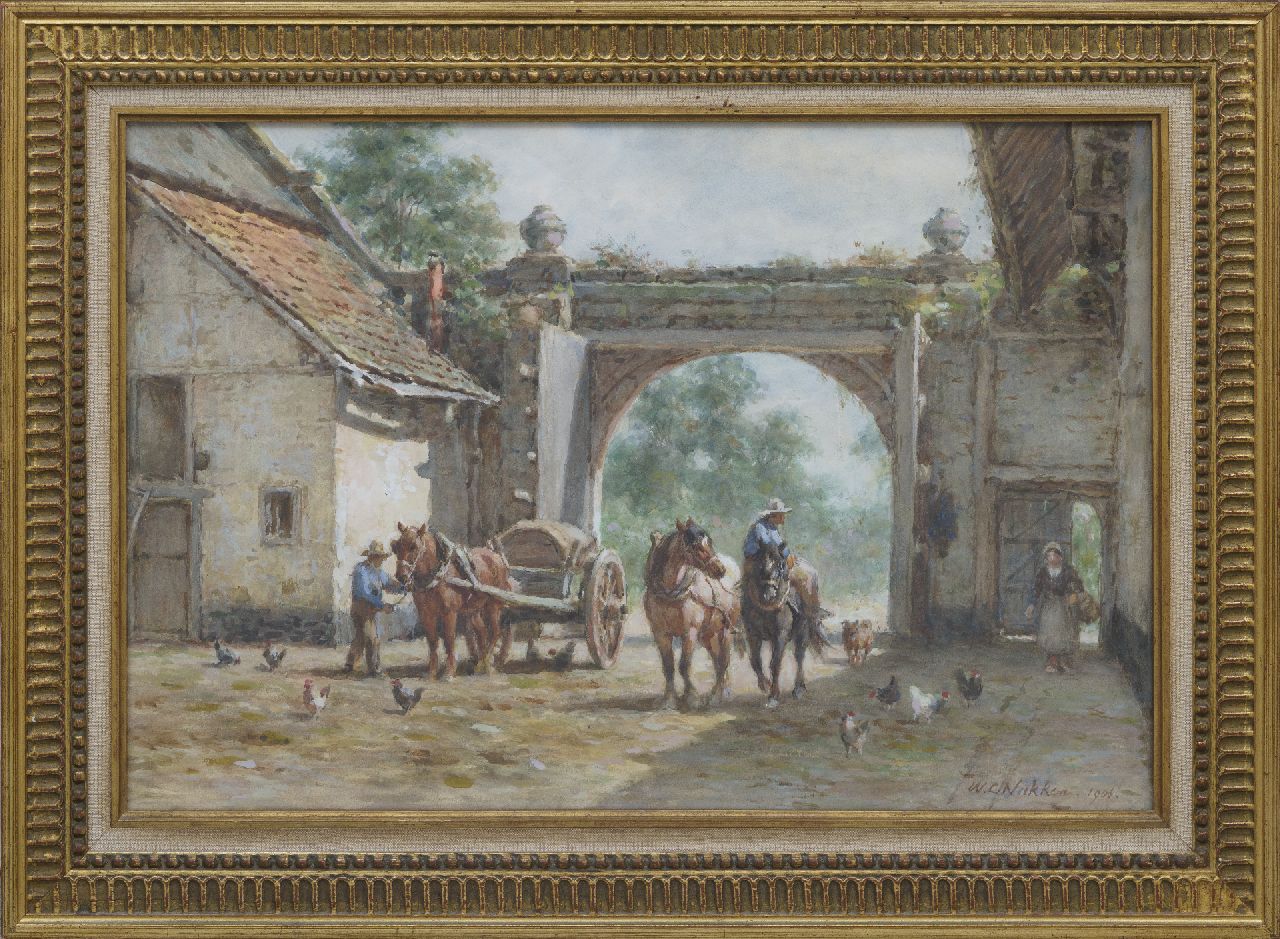 Nakken W.K.  | Willem Karel 'W.C.' Nakken, Boerenerf met werkvolk, paarden en kippen, aquarel op papier 40,0 x 55,0 cm, gesigneerd rechtsonder en gedateerd 1906