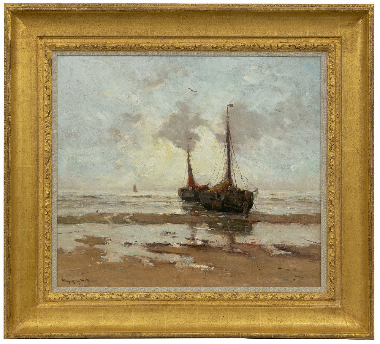 Munthe G.A.L. | Gerhard Arij Ludwig 'Morgenstjerne' Munthe, Bomschuiten voor anker op het strand, olieverf op doek 57,0 x 64,3 cm, gesigneerd linksonder en gedateerd 1914 Munthe G.A.L. | Gerhard Arij Ludwig 'Morgenstjerne' Munthe, Bomschuiten voor anker op het strand, olieverf op doek 57,0 x 64,3 cm, gesigneerd linksonder en gedateerd 1914