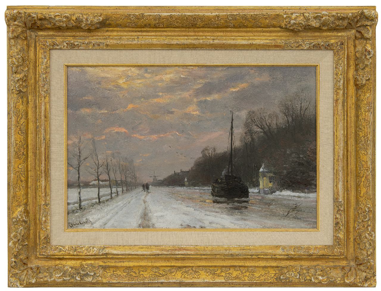 Apol L.F.H. | Lodewijk Franciscus Hendrik 'Louis' Apol, Vrachtvaart op de winterse Vecht, olieverf op paneel 27,5 x 42,1 cm, gesigneerd linksonder Apol L.F.H. | Lodewijk Franciscus Hendrik 'Louis' Apol, Vrachtvaart op de winterse Vecht, olieverf op paneel 27,5 x 42,1 cm, gesigneerd linksonder