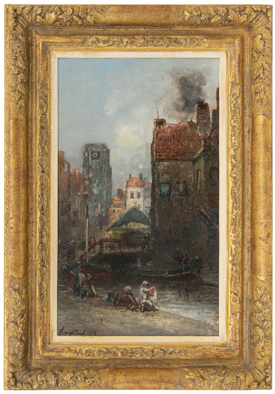 Jongkind J.B.  | Johan Barthold Jongkind | Schilderijen te koop aangeboden | Gezicht op de Weezenbrug en Vlasmarkt, Rotterdam, olieverf op paneel 37,5 x 22,3 cm, gesigneerd linksonder en gedateerd 1856