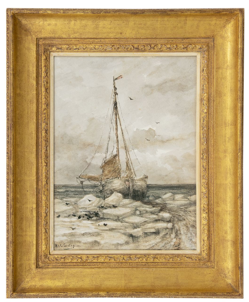 Mesdag H.W. | Hendrik Willem Mesdag, Bomschuit op het strand tussen ijsschotsen, aquarel op papier 53,0 x 39,7 cm, gesigneerd linksonder en te dateren ca. 1891 Mesdag H.W. | Hendrik Willem Mesdag, Bomschuit op het strand tussen ijsschotsen, aquarel op papier 53,0 x 39,7 cm, gesigneerd linksonder en te dateren ca. 1891