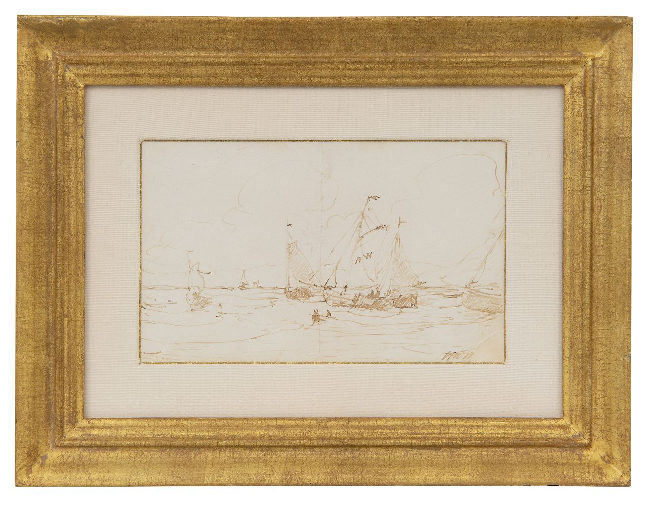 Mesdag H.W. | Hendrik Willem Mesdag, Lijnhaalder en bomschuiten in de branding, pen en inkt op papier 11,5 x 18,0 cm, gesigneerd rechtsonder met initialen Mesdag H.W. | Hendrik Willem Mesdag, Lijnhaalder en bomschuiten in de branding, pen en inkt op papier 11,5 x 18,0 cm, gesigneerd rechtsonder met initialen