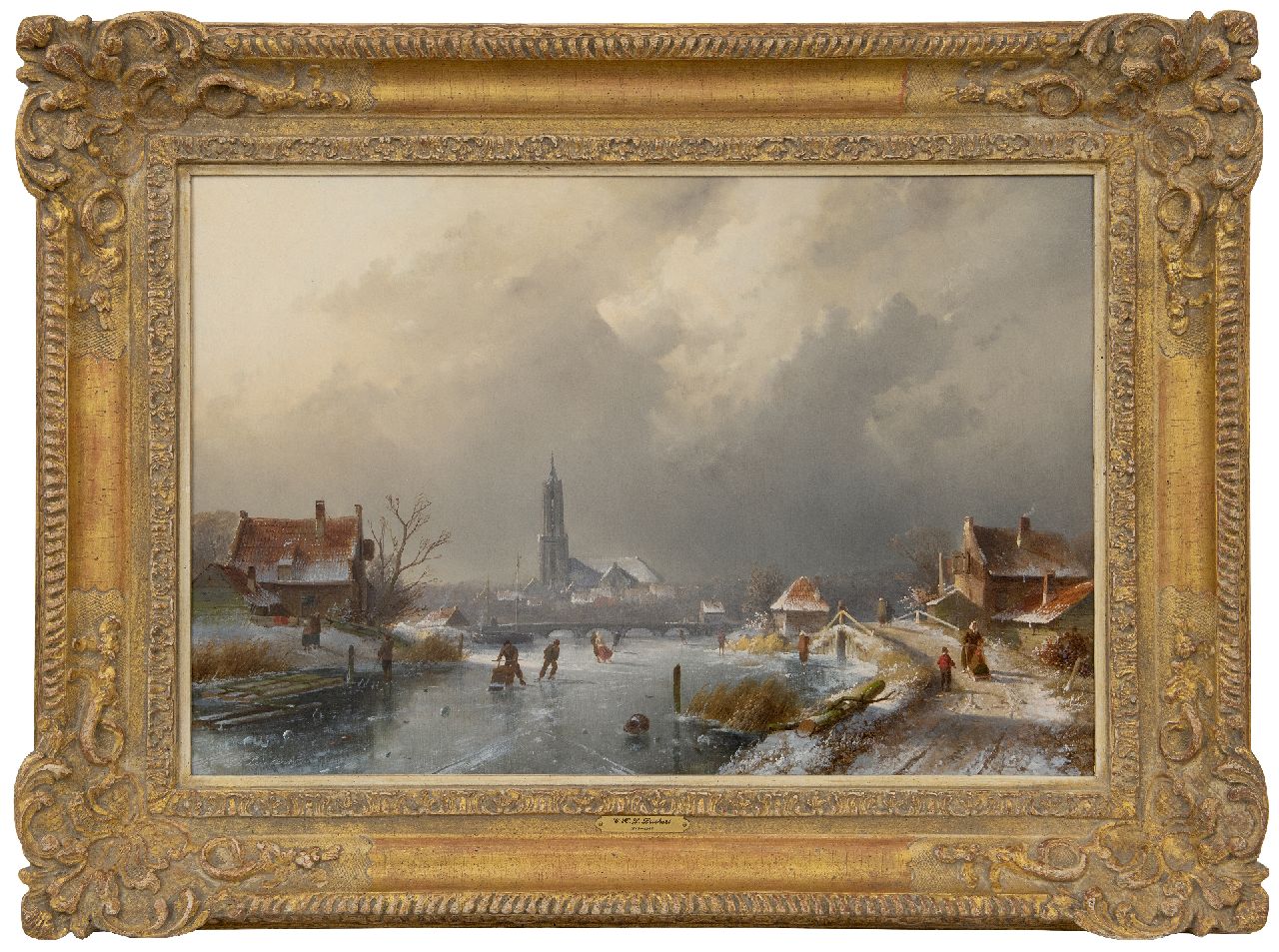 Leickert C.H.J.  | 'Charles' Henri Joseph Leickert, Winterlandschap met schaatsers en een koek-en-zopie, olieverf op doek 45,0 x 65,7 cm, gesigneerd linksonder