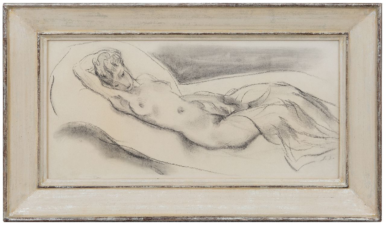 Sluijters J.C.B. | Johannes Carolus Bernardus 'Jan' Sluijters | Aquarellen en tekeningen te koop aangeboden | Liggend naakt, houtskool op papier 25,0 x 50,0 cm, gesigneerd rechtsonder met initialen en te dateren ca. 1943 Sluijters J.C.B. | Johannes Carolus Bernardus 'Jan' Sluijters | Aquarellen en tekeningen te koop aangeboden | Liggend naakt, houtskool op papier 25,0 x 50,0 cm, gesigneerd rechtsonder met initialen en te dateren ca. 1943