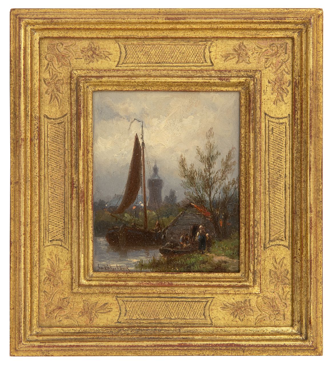 Koekkoek J.H.B.  | Johannes Hermanus Barend 'Jan H.B.' Koekkoek, Vaartje met schuiten en figuren, olieverf op paneel 11,4 x 9,3 cm, gesigneerd linksonder