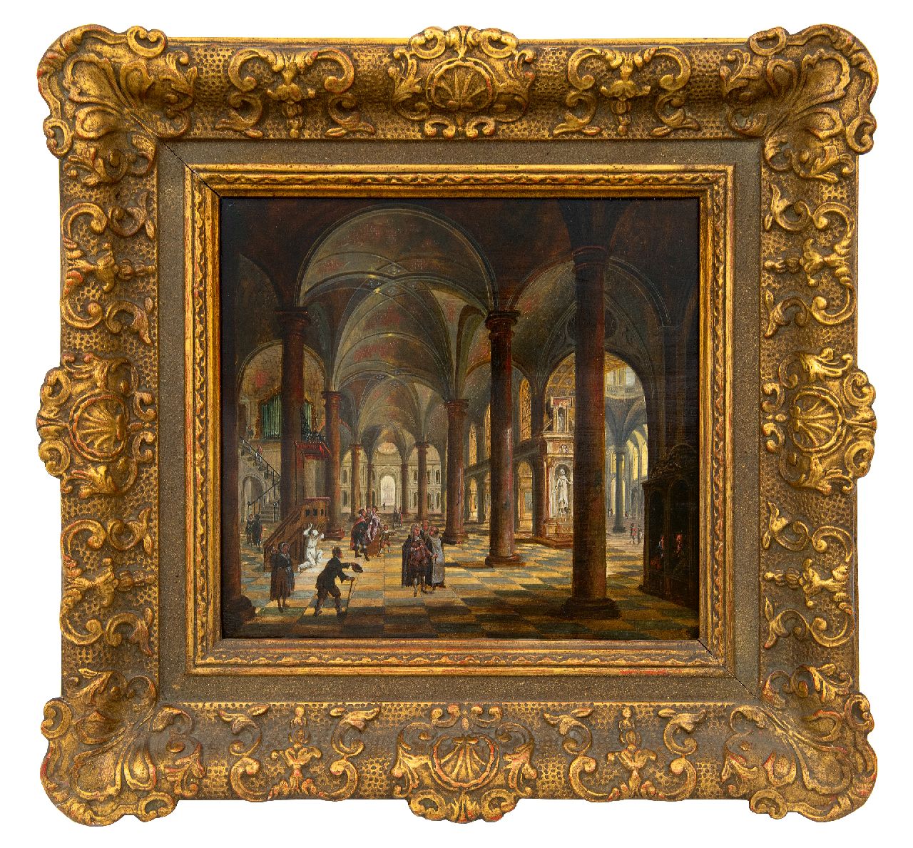 Stöcklin C. | Christian Stöcklin | Schilderijen te koop aangeboden | Kerkinterieur met figuren, olieverf op paneel 27,5 x 30,9 cm, gesigneerd middenonder Stöcklin C. | Christian Stöcklin | Schilderijen te koop aangeboden | Kerkinterieur met figuren, olieverf op paneel 27,5 x 30,9 cm, gesigneerd middenonder