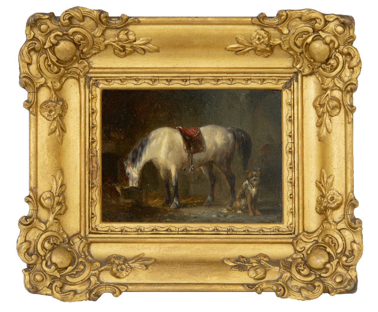 Os P.F. van | Pieter Frederik van Os, In de stal, olieverf op paneel 9,1 x 12,2 cm, gesigneerd linksonder