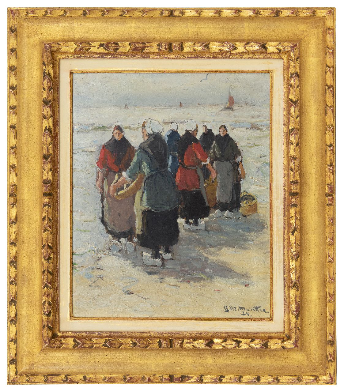 Munthe G.A.L. | Gerhard Arij Ludwig 'Morgenstjerne' Munthe, Wachten op de vangst op het strand te Katwijk, olieverf op board 32,4 x 26,4 cm, gesigneerd rechtsonder en gedateerd '24 Munthe G.A.L. | Gerhard Arij Ludwig 'Morgenstjerne' Munthe, Wachten op de vangst op het strand te Katwijk, olieverf op board 32,4 x 26,4 cm, gesigneerd rechtsonder en gedateerd '24