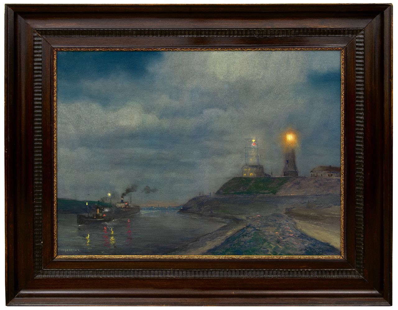 Heijenbrock J.C.H.  | Johan Coenraad Hermann 'Herman' Heijenbrock | Aquarellen en tekeningen te koop aangeboden | Havenmond van IJmuiden in de avond met de vuurtoren en semafoor, pastel op papier 64,5 x 86,5 cm, gesigneerd linksonder