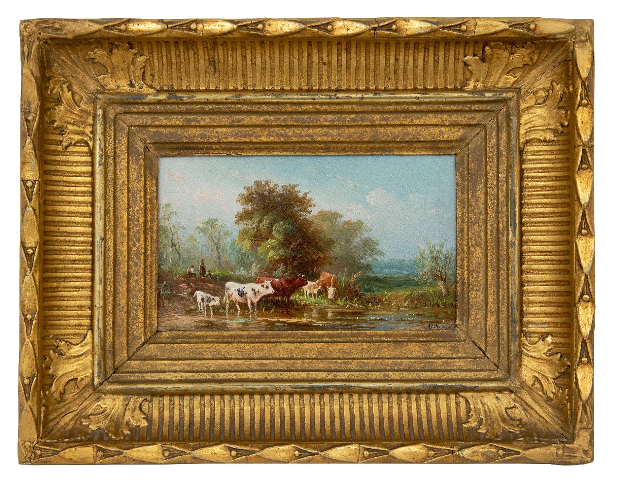 Prooijen A.J. van | Albert Jurardus van Prooijen, Landschap met wadend vee, olieverf op paneel 8,7 x 15,0 cm, gesigneerd rechtsonder Prooijen A.J. van | Albert Jurardus van Prooijen, Landschap met wadend vee, olieverf op paneel 8,7 x 15,0 cm, gesigneerd rechtsonder