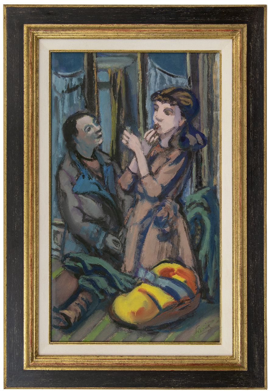 Fiedler O.H. | Otto 'Herbert' Fiedler | Aquarellen en tekeningen te koop aangeboden | Man en vrouw in een café, gouache op papier op board 64,8 x 39,7 cm, gesigneerd rechtsonder Fiedler O.H. | Otto 'Herbert' Fiedler | Aquarellen en tekeningen te koop aangeboden | Man en vrouw in een café, gouache op papier op board 64,8 x 39,7 cm, gesigneerd rechtsonder