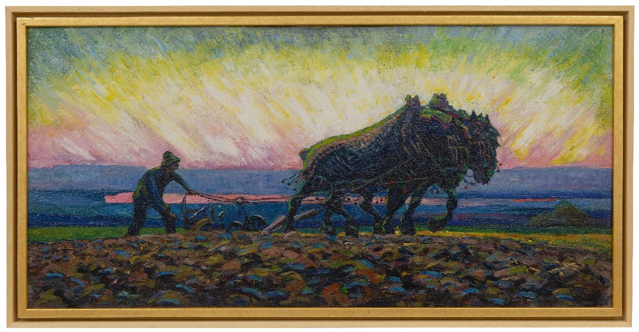 Gouwe A.H. | Adriaan Herman Gouwe, Ploegende paarden bij zonsopkomst, olieverf op doek 47,9 x 98,9 cm Gouwe A.H. | Adriaan Herman Gouwe, Ploegende paarden bij zonsopkomst, olieverf op doek 47,9 x 98,9 cm