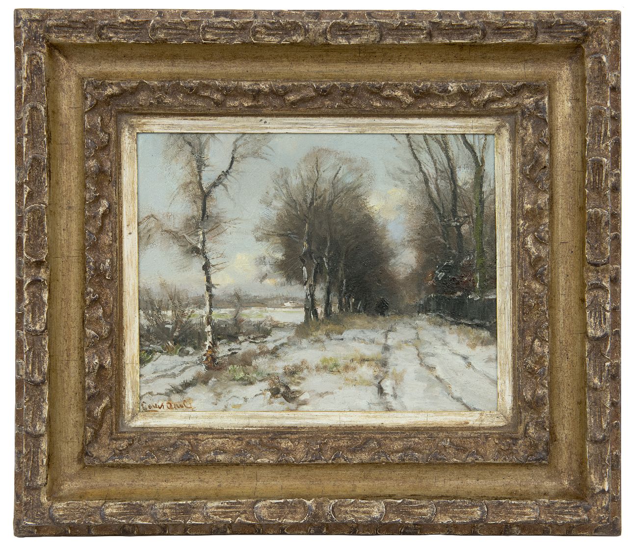 Apol L.F.H.  | Lodewijk Franciscus Hendrik 'Louis' Apol, Houtsprokkelaarster op een besneeuw pad, olieverf op paneel 21,8 x 28,1 cm, gesigneerd linksonder
