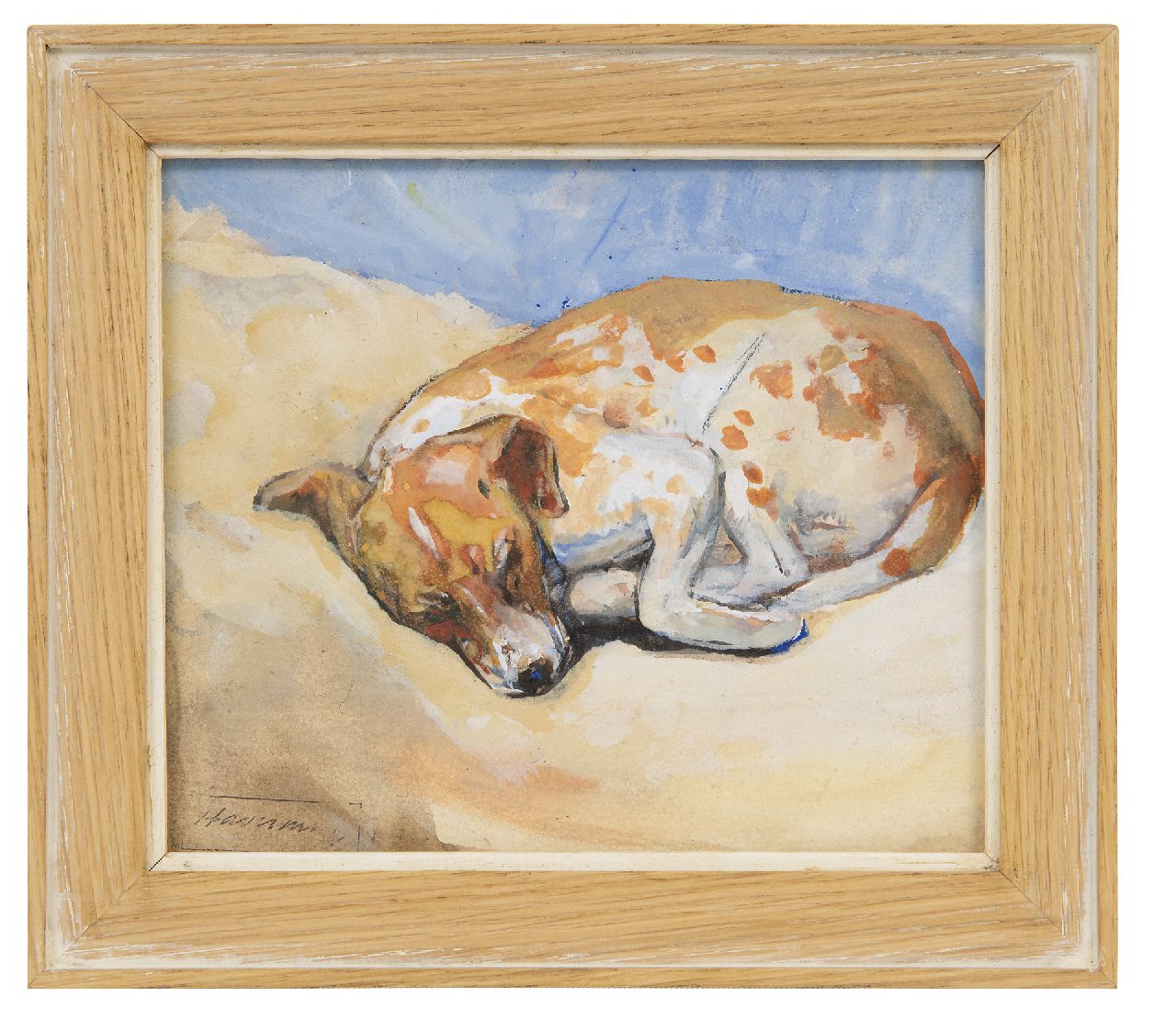Haverman H.J.  | Hendrik Johannes Haverman, Slapend hondje, aquarel en gouache op papier 15,7 x 18,4 cm, gesigneerd linksonder met atelierstempel