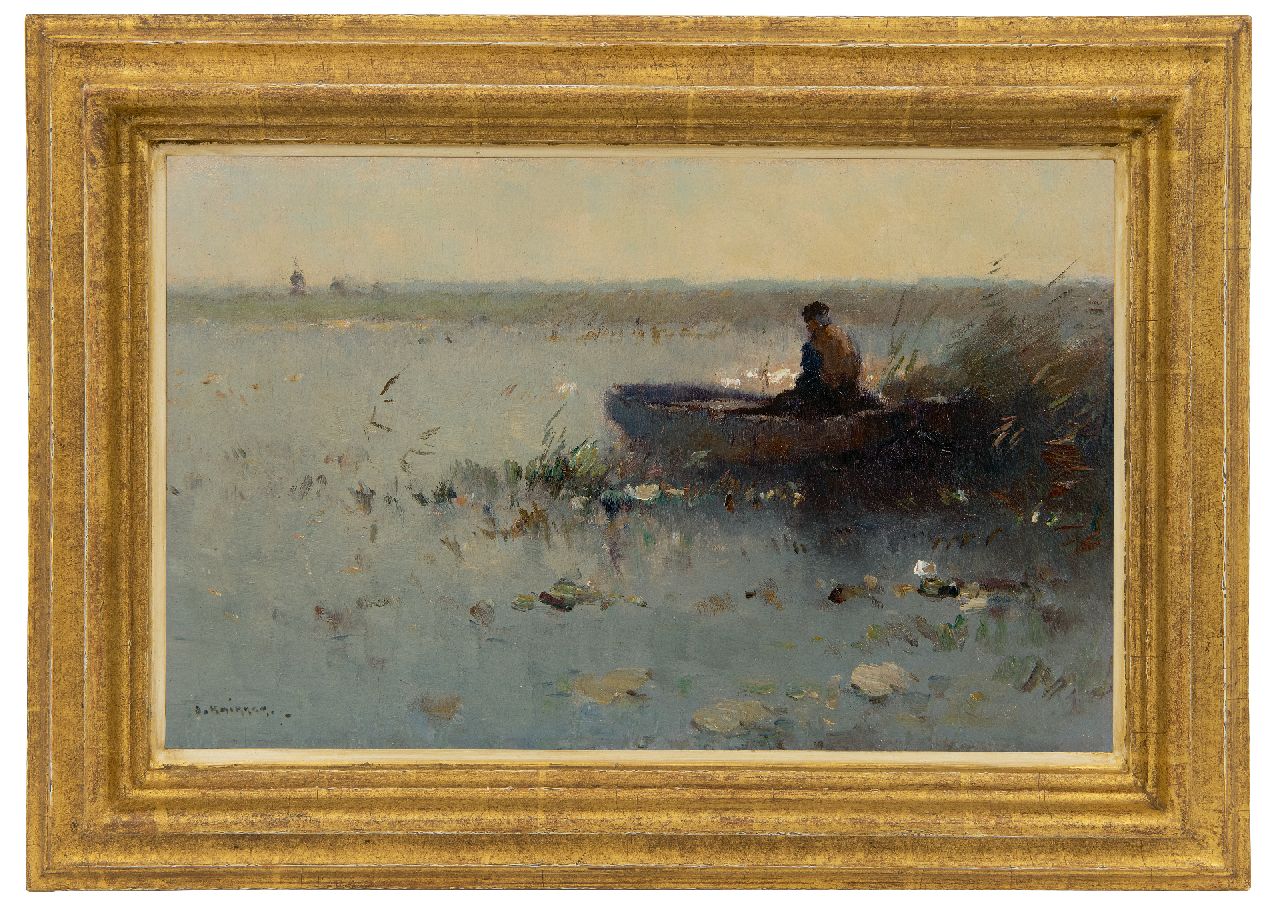 Knikker A.  | Aris Knikker | Schilderijen te koop aangeboden | Visser in roeibootje tussen het riet, olieverf op paneel 22,0 x 35,0 cm, gesigneerd linksonder en zonder lijst