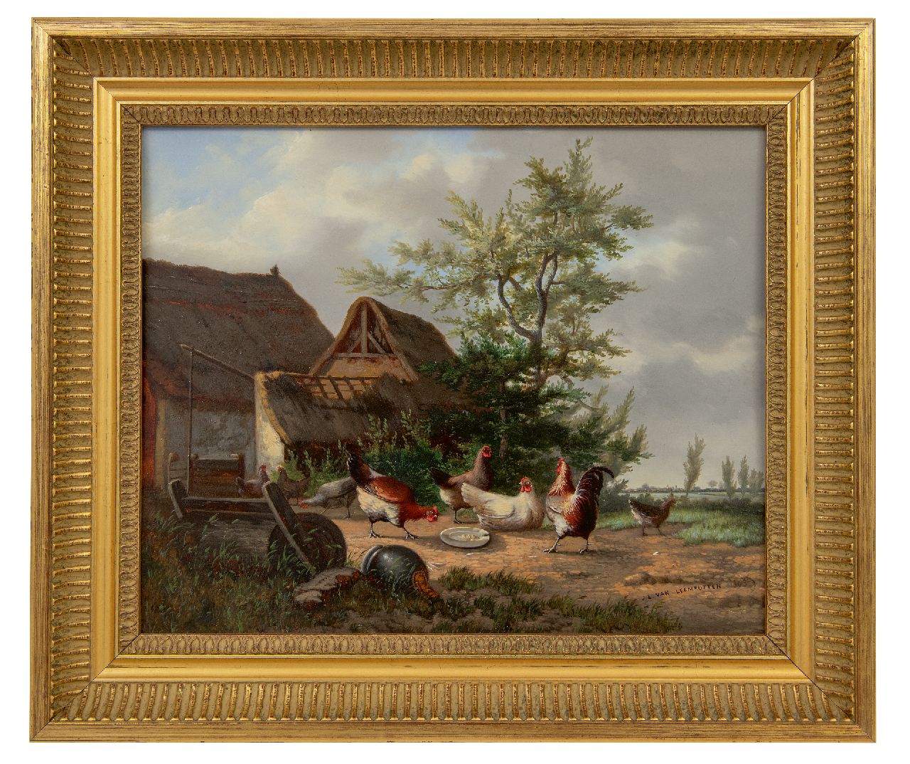 Leemputten J.L. van | Jean-Baptiste Leopold van Leemputten | Schilderijen te koop aangeboden | Boerenerf met haan en kippen, olieverf op paneel 28,1 x 33,7 cm, gesigneerd rechtsonder en gedateerd 1863 Leemputten J.L. van | Jean-Baptiste Leopold van Leemputten | Schilderijen te koop aangeboden | Boerenerf met haan en kippen, olieverf op paneel 28,1 x 33,7 cm, gesigneerd rechtsonder en gedateerd 1863