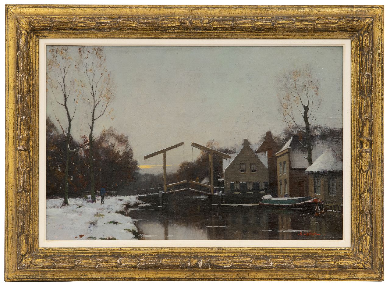 Ligtelijn E.J.  | Evert Jan Ligtelijn | Schilderijen te koop aangeboden | Winterse dorpsvaart met ophaalbrug, olieverf op doek 32,2 x 48,6 cm, gesigneerd rechtsonder en te dateren ca. 1924